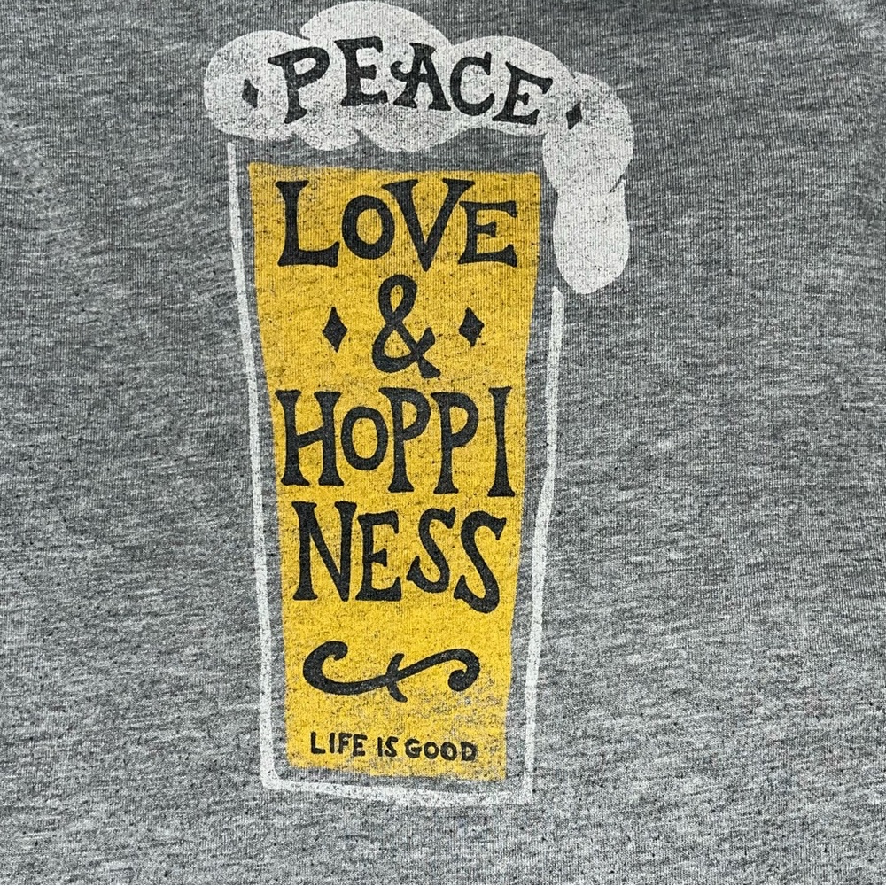 Life is Good Beer Graphic‎ Gray Long Sleeve Tee Peace, Love & Hoppiness Size XL